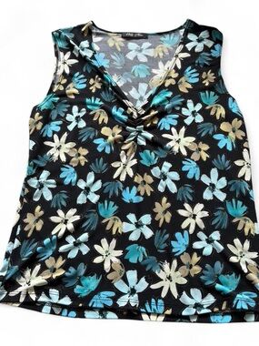 Ladies' Black Floral V-Neck Muscle Tee with Blue & Cream Blooms